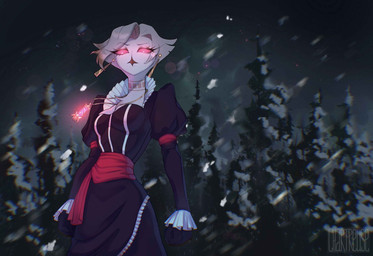 anthro beak claws clothing dress ear_piercing eyelashes feathers female forest hair jewelry necklace piercing plant red_eyes short_hair snow solo tree white_body white_feathers white_hair wind winter chartreuse_jack hellaverse the_lesser_key_of_solomon vilhelmina avian bird demon owl owl_demon absurd_res hi_res