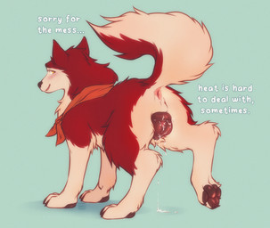 ambiguous_fluids animal_genitalia animal_vulva anus blush bodily_fluids butt canine_genitalia canine_vulva claws female feral fur genital_fluids genitals in_heat looking_at_viewer looking_back pawpads paws presenting presenting_hindquarters raised_tail red_body red_fur simple_background solo tail text vulva white_body white_fur pingpuxy balto_(series) universal_studios jenna_(balto) canid canine canis domestic_dog husky mammal nordic_sled_dog spitz digital_drawing_(artwork) digital_media_(artwork) english_text