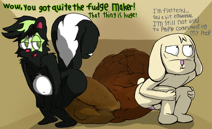 anthro anus balls black_body black_fur black_hair butt color_coded_text compliment cotton_tail crouching dialogue duo ellipsis embarrassed excessive_feces feces feces_on_ground feces_pile floppy_ears fur genitals green_body green_eyes green_fur green_hair hair half-closed_eyes head_tuft hyper hyper_feces hyper_feces_pile looking_at_another looking_away male male_pooping markings narrowed_eyes nude_anthro nude_male open_mouth open_smile pooping pooping_on_floor pooping_together raised_tail scatplay smile star_(marking) tail tan_body tan_fur text tuft white_body white_fur blargamie lupei_(blargamie) lagomorph leporid mammal mephitid rabbit skunk english_text hi_res