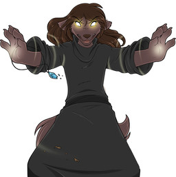 ambiguous_gender anthro biped brown_body brown_fur brown_hair brown_nose claws clothed clothing dust ears_down fangs fur glowing glowing_eyes hair jewelry long_hair looking_at_viewer magic necklace open_mouth pivoted_ears pose robe simple_background solo standing teeth tongue white_background wind conditional_dnp third-party_edit tom_fischbach twokinds natani canid canine canis keidran mammal wolf colored