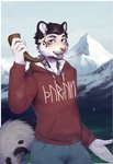 5_fingers anthro blue_eyes clothing drinking_horn fingers hoodie horn male nordic_runes red_clothing red_hoodie red_topwear smile solo text text_on_clothing text_on_hoodie text_on_topwear topwear dannoitanart felid mammal pantherine tiger 2020 digital_media_(artwork) hi_res