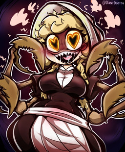 4_arms anthro belly big_breasts black_clothing blonde_hair blush blush_lines bodily_fluids body_horror braided_hair breasts claws clothed clothing crazy_eyes drooling female flirting flirting_with_viewer hair heart_eyes heart_symbol hearts_around_head insane looking_at_viewer maid_headdress maid_uniform multi_arm multi_limb navel open_mouth open_smile saliva saliva_on_tongue saliva_string sharp_teeth short_hair simple_background smile solo teeth text thick_thighs tongue uniform unusual_anatomy white_clothing wide_hips yandere yellow_eyes diddlydooter1 cliffside_(series) cordie_(cliffside) animal_humanoid arachnid arachnid_humanoid arthropod arthropod_humanoid human humanoid mammal monster spider spider_humanoid absurd_res artist_name digital_drawing_(artwork) digital_media_(artwork) hi_res signature