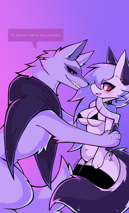 against_surface against_wall anthro belly blush breasts cloak clothing collar crossover_ship dominant duo female grey_body hair knife_play legwear lingerie male male/female medium_breasts pinned red_eyes sharp_teeth sickle size_difference slightly_chubby speech_bubble squish stockings teasing teeth thick_thighs weapon koivyx dreamworks hellaverse helluva_boss mythology puss_in_boots_(franchise) death_(puss_in_boots) loona_(helluva_boss) canid canid_demon canine canis demon hellhound mammal mythological_canine mythological_creature wolf crossover hi_res