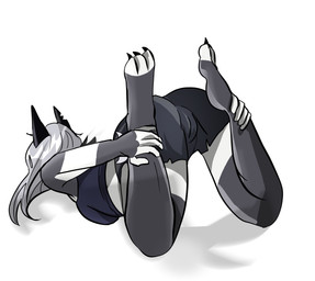 anthro camel_toe clothed clothing female grey_hair hair holding_own_legs legwear on_chest shadow simple_background solo thigh_highs turned_away w-stretch_pose white_background hikariero hellaverse helluva_boss mythology loona_(helluva_boss) canid canid_demon canine demon hellhound mammal mythological_canine mythological_creature absurd_res hi_res