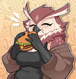 5_fingers anthro beak big_breasts breasts brown_body brown_feathers burger cleavage clothed clothed_anthro clothed_female clothing deep_navel emanata eyes_closed feathers female female_anthro fingers food freckled_face freckles holding_burger holding_food holding_object navel navel_outline non-mammal_breasts non-mammal_navel overweight overweight_anthro overweight_female scuted_arms scutes solo budoti calla_(budoti) avian bird eastern_screech_owl owl screech_owl true_owl 2026 absurd_res hi_res