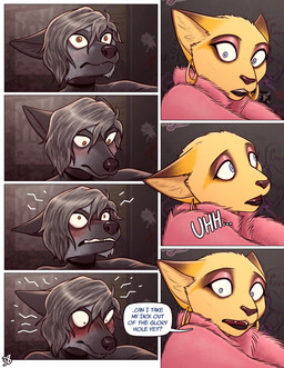 anthro bathroom blush clothed clothing crossdressing dialogue duo ear_piercing ear_ring embarrassed eye_contact eyeshadow fur_coat graffiti graffiti_on_wall lipstick looking_at_another looking_away makeup male piercing public_restroom restroom_stall ring_piercing stare surprised text glopossum casper_(glopossum) junip canid canine felid feline felis fox mammal red_fox sand_cat silver_fox true_fox 2025 comic english_text hi_res trans_(lore) trans_man_(lore)