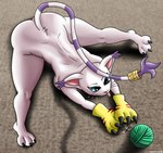 anthro ball_of_yarn blep carpet claws female jewelry paws solo stretching tongue tongue_out yarn heartlessangel3d bandai_namco digimon digimon_(species) gatomon absurd_res hi_res