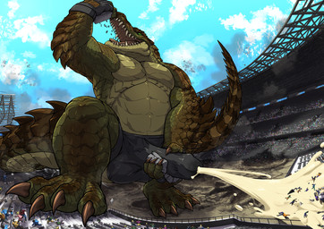 4_toes 5_fingers abs anthro balls balls_outline biceps biped bodily_fluids boxer_briefs building building_destruction building_sex bulge city city_background city_crushing city_destruction cityscape claws clothed clothing crush cum cum_in_clothing cum_in_underwear cum_through_clothing cum_through_underwear destruction detailed_background detailed_bulge erection erection_under_briefs erection_under_clothing extreme_size_difference feet finger_claws fingerless_gloves fingers footprint genital_fluids genital_outline genitals gloves green_body group handwear house humanoid_genitalia humanoid_penis macro macro_anthro macro_male male masturbation muscular muscular_anthro muscular_male open_mouth oral_vore outside pawprint paws pecs penile penile_masturbation penis penis_outline rampage size_difference sky solo_focus stadium stomping tail teeth toe_claws toes tongue topless underwear vore wet wet_clothing wet_underwear tatugon carnak_(carpo) crocodile crocodilian reptile scalie hi_res