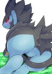 ambiguous_gender black_body black_fur blue_body blue_fur blush butt butt_focus embarrassed featureless_crotch feral fur looking_at_viewer looking_back lying multicolored_body multicolored_fur on_front red_sclera solo tucked_tail mommomma114 nintendo pokemon generation_4_pokemon luxray pokemon_(species) hi_res shaded