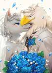 anthro anthro_on_anthro beak black_tie_(suit) blue_eyes blue_rose blush bouquet breasts bride cleavage clothed clothing crown dress duo eyelashes feathers female flower fur grey_body grey_fur groom hair headgear husband_and_wife inner_ear_fluff interspecies jewelry kemono lace leaf looking_at_another male male/female married_couple necklace open_mouth petals pink_tongue plant purple_nose romantic romantic_ambiance romantic_couple rose_(flower) small_breasts suit tiara tongue tuft wedding wedding_dress wedding_veil white_body white_clothing white_dress white_feathers yellow_beak kemokemono animal_crossing nintendo apollo_(animal_crossing) whitney_(animal_crossing) accipitrid accipitriform arctic_wolf avian bald_eagle bird canid canine canis eagle mammal sea_eagle wolf digital_drawing_(artwork) digital_media_(artwork) light_theme