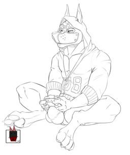 abs animal_mask anthro bulge clothed clothing controller electronics game_controller gaming hood_up hoodie jockstrap male mask muscular muscular_anthro muscular_male pawpads pecs playing_video_game pup_mask simple_background sitting solo topwear underwear white_background zipper linkin_monroe lance_o'rourke canid canine canis dobermann domestic_dog mammal pinscher digital_media_(artwork) monochrome sketch