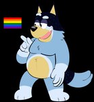anthro black_body black_ears black_eyes black_fur black_nose black_tail blue_body blue_fur blue_tail eyebrows fur half-closed_eyes lgbt_pride male multicolored_body multicolored_fur narrowed_eyes obese obese_anthro obese_male overweight overweight_anthro overweight_male pride_color_flag pride_colors rainbow_flag rainbow_pride_flag rainbow_symbol raised_eyebrow smile solo standing tail teeth three-quarter_view tongue two_tone_tail yellow_body yellow_fur beargarbage bluey_(series) bandit_heeler australian_cattle_dog canid canine canis cattledog domestic_dog herding_dog mammal pastoral_dog 2025 digital_media_(artwork) hi_res