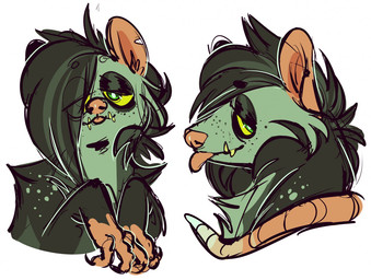 anthro black_hair claws fangs freckled_face freckled_shoulders freckles fur green_eyes grey_body grey_fur hair half-closed_eyes looking_at_viewer male narrowed_eyes solo tail teeth tongue tongue_out bileshroom american_opossum mammal marsupial 2019