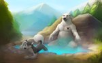 anthro anthro_on_anthro barthur_(htf) bathing bear black_body black_fur bodily_fluids canid canine canis casual_nudity detailed_background domestic_dog duo edward_(htf) fur hot_spring husky imminent_sex male mammal muscular nordic_sled_dog nude polar_bear raised_tail size_difference spitz sweat tail tattoo text ursine water white_body zaush