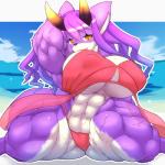 anthro big_muscles clothing female fur hair horn huge_muscles hyper hyper_muscles kemono muscular muscular_anthro muscular_female open_mouth purple_body purple_fur purple_hair solo swimwear vein white_body white_fur yellow_eyes unp cyberconnect2 drecom full_bokko_heroes ginkaku_(full_bokko_heroes) silver_horned_king_(full_bokko_heroes) canid canine canis domestic_dog mammal 1:1