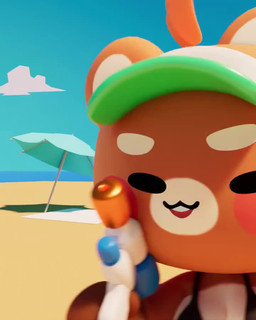 anthro ball beach beach_ball bikini bikini_bottom bikini_top black_eyes blush brown_body clothing eyebrows female hat headgear headwear holding_object holding_toy inflatable multicolored_body orange_body parasol rear_view simple_eyes solo sun_hat swimwear tail toy toy_gun two-piece_swimsuit water_gun white_body white_eyebrows choecoga bear mammal 2026 3d_(artwork) 3d_animation 4:5 animated digital_media_(artwork) no_sound short_playtime video