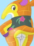 anthro biped blue_background butt clothing female genitals half_clothed looking_at_viewer pussy rear_view simple_background solo standing sheepwithcrystallicfur animal_crossing nintendo anabelle_(animal_crossing) mammal pangolin 2016 digital_media_(artwork) hi_res