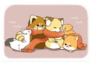 ambiguous_gender bedding biped blanket brown_body brown_fur chibi eyes_closed feral fur group sitting text white_body white_fur shi_nominmin ailurid canid canine canis domestic_dog fox mammal mustelid musteline red_panda shiba_inu spitz stoat true_musteline weasel 2019 hi_res