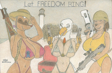 anthro bayonet beach big_breasts bikini blue_bikini blue_clothing blue_swimwear breasts brown_body brown_fur building clothed clothed_anthro clothed_female clothing eyes_closed female fur grey_hair grill group gun hair handgun headgear headwear holding_gun holding_object holding_ranged_weapon holding_weapon holidays huge_breasts knife lighthouse nipple_outline object_between_breasts one-piece_swimsuit outside plasma_gun plasma_rifle ranged_weapon red_bikini red_clothing red_swimwear ribbons rifle sea smile swimwear tail trigger_discipline trio two-piece_swimsuit water weapon whiskers lobar 4th_of_july ka_sarra veemi accipitrid accipitriform avian bird eagle gjonk mammal porcupine rodent hi_res traditional_media_(artwork)