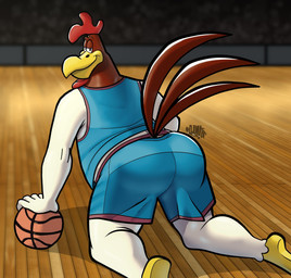 anthro avian_caruncle ball basketball basketball_(ball) basketball_court basketball_uniform beak bedroom_eyes belly big_butt biped black_eyebrows blue_clothing bodily_fluids bottomwear brown_body brown_feathers butt clothed clothing comb_(anatomy) detailed_background dewlap_(anatomy) eyebrows feathers floor fully_clothed head_crest holding_object inside kneeling looking_at_viewer looking_back looking_back_at_viewer male multicolored_body multicolored_feathers narrowed_eyes overweight overweight_anthro overweight_male pose raised_eyebrows raised_tail rear_view seductive smile smiling_at_viewer smirk solo sportswear sweat tail tail_feathers thick_thighs topwear tune_squad_outfit tune_squad_outfit_(2021) two_tone_body two_tone_feathers uniform wattle white_body white_feathers wide_hips wood yellow_beak hunter-husky looney_tunes space_jam space_jam:_a_new_legacy warner_brothers foghorn_leghorn avian bird chicken galliform leghorn_chicken phasianid 2021 digital_media_(artwork) hi_res pinup shaded signature