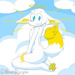 angelic anthro blue_eyes butt cloud floating_wings fur halo kneeling looking_at_viewer male nude on_cloud pawpads paws seiza side_view sitting solo tail unusual_anatomy unusual_wings white_body white_fur wings yellow_nose yellow_pawpads roxo_(artist) canid canine fennec_fox fox mammal true_fox 1:1 absurd_res hi_res