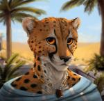 2018 anthro black_nose bust_portrait cheetah clothed clothing conditional_dnp ear_piercing ear_ring felid feline fur jewelry looking_at_viewer male mammal markings necklace orange_body orange_eyes orange_fur piercing portrait ring_piercing solo spots spotted_body spotted_fur titusw whiskers