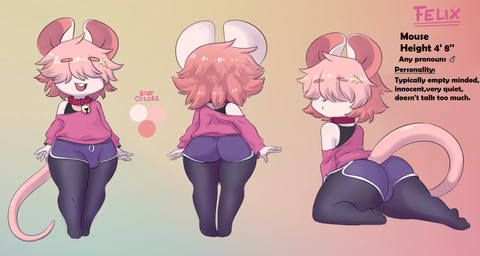 accessory anthro bell bell_collar big_butt big_ears bottomwear bulge bulge_from_behind butt butt_focus clothed clothing collar femboy fur glistening glistening_hair gradient_background hair hair_accessory hair_over_eyes hairpin hotpants legwear male off_shoulder on_ground open_mouth oversized_clothing oversized_sweater oversized_topwear pantyhose pink_body pink_clothing pink_fur pink_hair pink_sweater pink_topwear rear_view red_collar shirt shorts simple_background solo sweater tail text thick_thighs tiptoes topwear undershirt white_body white_fur mr-shin felix_(bouncykauda) mammal mouse murid murine rodent 2025 english_text hi_res model_sheet