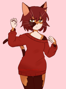 anthro clothed clothing female oversized_clothing oversized_topwear red_clothing simple_background solo sweater tail text topwear lazylogic fiona_(lazylogic) calico_cat domestic_cat felid feline felis mammal tortoiseshell_cat 2023 digital_media_(artwork) url