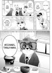 anthro clothing dialogue female fur male text uniform namagakiokami disney zootopia finnick_(zootopia) judy_hopps michael_tanuyama nick_wilde canid canine fennec_fox fox lagomorph leporid mammal rabbit raccoon_dog red_fox tanuki true_fox comic english_text hi_res monochrome