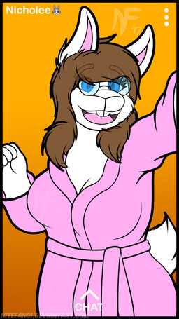 bathrobe big_breasts blue_eyes breasts brown_hair camera_view cleavage clothed clothing eyewear female fur glasses hair robe selfie smile solo white_body white_fur nitefang snapchat nichole_(bunnydewart) lagomorph leporid mammal rabbit 9:16 hi_res