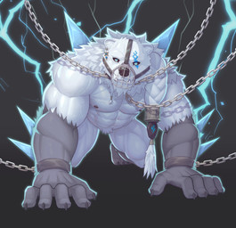 all_fours anthro bound chain chained featureless_crotch male muscular muscular_male muzzle_(object) nipples pecs smile solo vein veiny_muscles wire_basket_muzzle ronci league_of_legends riot_games tencent volibear bear mammal polar_bear ursine hi_res