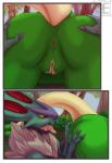 2015 anus breloom butt butt_grab claws comic duo female generation_3_pokemon generation_6_pokemon genitals goldenemotions hand_on_butt hi_res male male/female nintendo noivern pokemon pokemon_(species) pussy red_eyes sex teeth tongue tongue_out wings
