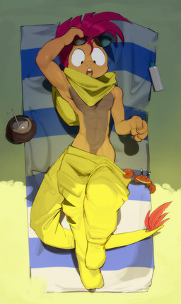 4_fingers anthro anthrofied athletic athletic_anthro athletic_male bangs beach beach_towel bent_leg beverage biped bird's-eye_view bottle bottomwear bottomwear_down brown_body brown_countershading clothed clothing coconut coconut_drink container countershade_torso countershading day detailed_background drinking_straw drupe_(fruit) extended_leg eyebrows eyewear eyewear_on_head fingers food front_view fruit hair high-angle_view looking_down lying male male_anthro midriff mohawk on_back on_ground on_towel open_mouth outside oversized_bottomwear oversized_clothing oversized_pants pants pants_down partially_clothed plant plantigrade pokemorph pose predicament public raised_eyebrows raised_hand red_hair relaxing sand scarf shadow solo sunglasses sunglasses_on_head surprised tail tail_tuft tongue torn_bottomwear torn_clothing torn_pants towel tuft yellow_scarf kogito nintendo pokemon fan_character gambit_the_scrafty arthropod crab crustacean decapod generation_5_pokemon malacostracan pokemon_(species) reptile scalie scrafty 2025 absurd_res digital_drawing_(artwork) digital_media_(artwork) hi_res pinup