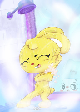 anthro blush bubble duo female foam fur genitals hair male navel nude open_mouth shower smile soap steam text voyeur vulva wet yellow_body yellow_fur young young_anthro young_female young_male polygon5 playkids mimi_(playkids) lagomorph mammal 2017 digital_media_(artwork) english_text hi_res