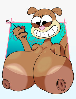 anthro areola big_breasts breasts controller female female_anthro flower_cloud_(spongebob) huge_breasts simple_background smile solo killrabs nickelodeon spongebob_squarepants sandy_cheeks mammal rodent sciurid tree_squirrel absurd_res hi_res