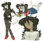 anthro anthrofied black_hair bottomwear clothing eyewear female footwear fur gaming glasses hair happy legwear lying on_front playing_video_game shirt shoes simple_background skirt smile solo standing tights topwear white_background white_body white_fur witchgnostic homestuck ms_paint_adventures jade_harley canid canine canis domestic_dog human mammal