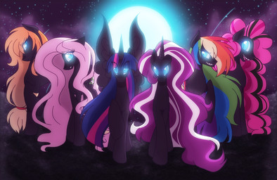 alternate_color black_body black_feathers black_fur blonde_hair blue_body blue_eyes blue_fur corruption cutie_mark dark fangs feathered_wings feathers female feral fur glowing glowing_eyes group hair horn long_hair looking_at_viewer moon multicolored_hair night orange_hair outside pink_hair purple_hair rainbow_hair sharp_teeth sky smile star teeth two_tone_hair wings ashygirl friendship_is_magic hasbro idw_publishing my_little_pony my_little_pony:_magic_princess my_little_pony_(idw) mythology applejack_(mlp) fluttershy_(mlp) nightmare_applejack_(magic_princess) nightmare_fluttershy_(magic_princess) nightmare_pinkie_pie_(magic_princess) nightmare_rainbow_dash_(magic_princess) nightmare_rarity_(idw) nightmare_twilight_sparkle_(magic_princess) pinkie_pie_(mlp) rainbow_dash_(mlp) twilight_sparkle_(mlp) earth_pony equid equine horse mammal mythological_creature mythological_equine pegasus pony unicorn winged_unicorn