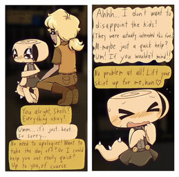 aged_down anthro blonde_hair blush boots bottomwear brown_bottomwear brown_clothing brown_skirt cephalopod_shell clothing collared_shirt comic_panel dialogue dinosaur_tail dress_shirt duo embarrassed eyes_closed female female/female footwear gloves hair handwear heart_symbol in_heat kneeling mollusk_shell ponytail shell shirt shoes size_difference skirt speech_bubble spikes suspenders text topwear vest white_clothing white_gloves white_handwear young anomalousfeast blushcrunch_studio dandy's_world roblox shannon_mendez_(dandy's_world) shelly_(dandy's_world) ammonite cephalopod humanoid marine mollusk prehistoric_species toon_(dandy's_world) 2025 colored comic digital_media_(artwork) english_text