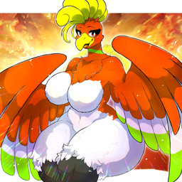 anthro anthrofied beak big_breasts breasts feathers featureless_breasts female fluffy fluffy_breasts fur huge_thighs non-mammal_breasts pokemorph smile solo thick_thighs white_body wide_hips wings nosukeuma mythology nintendo pokemon avian bird generation_2_pokemon ho-oh legendary_pokemon mythological_avian mythological_bird mythological_creature mythological_firebird pokemon_(species) 1:1 hi_res