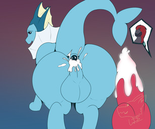 anthro anthro_on_feral anus backsack balls bestiality big_balls blue_body bodily_fluids butt content_smile cum cum_in_ass cum_inside cum_on_butt cum_on_penis featureless_feet feet feral frill_(anatomy) gaping gaping_anus genital_fluids genitals looking_back looking_pleasured male male/male mostly_offscreen_character mostly_offscreen_male penis presenting presenting_hindquarters reaction_shot solo_focus tail thick_thighs wdigni42 nintendo pokemon eeveelution generation_1_pokemon generation_5_pokemon pokemon_(species) vaporeon zoroark 6:5 absurd_res hi_res