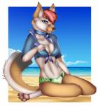 anthro beach biped breasts cleavage clothed clothing female kneeling looking_at_viewer navel outside seaside smile solo cydergerra canid canine mammal