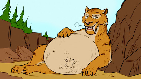abdominal_bulge belly big_belly fangs feral feral_pred fur hand_on_belly male male_pred orange_body orange_fur tan_body tan_fur teeth vore emilydraws blue_sky_studios ice_age_(series) diego_(ice_age) felid mammal prehistoric_species saber-toothed_tiger 16:9 hi_res widescreen