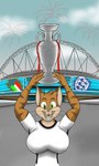 anthro big_breasts breasts brown_hair clothing female fur green_eyes hair open_mouth smile soccer solo sport stripes teeth whiskers world_cup dalilallana100 celine_(vinfox) domestic_cat felid feline felis mammal hi_res