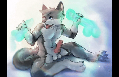 black_clothing black_pawpads black_thong black_underwear blue_eyes bodily_fluids clothing cum disembodied_hand ejaculation flaccid fur genital_fluids genitals ghost_hand gradient_background grey_body grey_fur group happy humanoid_genitalia humanoid_penis knot knotted_penis lens_flare male multicolored_body multicolored_fur pawpads paws penis shy simple_background sitting thong translucent translucent_penis underwear stampmats animated