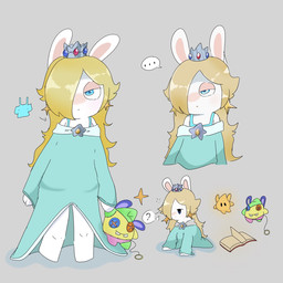 all_fours ambiguous_gender anthro black_eyes blonde_hair blue_clothing blue_eyes blue_shirt blue_topwear blush book clothed clothed_anthro clothed_female clothing crown dot_eyes dress duo ear_piercing ellipsis featureless_legs featureless_limbs female female_anthro flying fur gem glowing glowing_body grey_background hair hair_over_eye half-closed_eyes headgear holding_object holding_plushie holding_wand larger_anthro larger_female left-handed light long_ears long_hair mouth_closed narrowed_eyes noseless open_book piercing plushie question_mark ruby_(gem) sapphire_(gem) shirt simple_background simple_eyes size_difference smaller_ambiguous speech_bubble star_(shape) star_ear_piercing tan_eyelids tan_inner_ear teal_clothing teal_dress topwear wand white_body white_fur yellow_body yellow_skin peypey_mei1925 mario_bros mario_plus_rabbids_sparks_of_hope nintendo raving_rabbids rayman_(series) ubisoft rabbid_rosalina starburst_(mario_plus_rabbids) lagomorph mammal rabbid spark_(mario_plus_rabbids) 1:1 2024 colored crossover digital_drawing_(artwork) digital_media_(artwork) english_description hi_res lighting multiple_images shaded