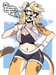 annoyed anthro athletic_wear big_breasts biped black_body black_fur blonde_hair bottomwear bra breasts cleavage clothed clothing clothing_lift cross-popping_vein curvy_figure eye_roll female female_anthro fur gym_bottomwear gym_shorts hair hand_on_hip hand_on_own_hip markings navel no_irises pupils shirt shirt_lift shorts slit_pupils solo sports_bra spots spotted_body spotted_fur sweatband text topwear underwear voluptuous white_body white_fur yellow_body yellow_fur capaoculta alma_(capaoculta) cheetah felid feline mammal 2024 digital_media_(artwork) english_text hi_res portrait three-quarter_portrait