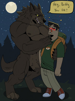 anthro backpack blood blush bodily_fluids bottomwear brown_body brown_fur clothed clothed/nude clothed_male clothing duo fainted featureless_crotch footwear forest fur grass humor male moon muscular muscular_anthro muscular_male night nipples nosebleed nude pants plant shirt shoes size_difference star topwear tree decker_the_wolf mythology canid canine canis human mammal mythological_canine mythological_creature werecanid werecanine werecreature werewolf wolf hi_res