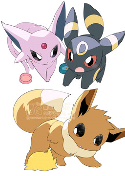 bowl container feral group pet_bowl azuma_minatsu nintendo pokemon eevee eeveelution espeon generation_1_pokemon generation_2_pokemon generation_5_pokemon joltik pokemon_(species) umbreon hi_res