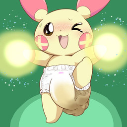 ambiguous_gender anthro big_diaper bodily_fluids clothed clothing diaper diaper_only feces genital_fluids pull-ups_(diaper) soiled soiled_diaper soiling solo topless unclean_diaper urine used_diaper wearing_diaper wet_diaper tomukemono nintendo pokemon generation_3_pokemon plusle pokemon_(species) 1:1