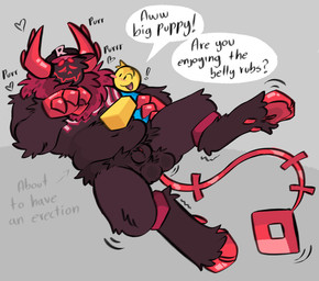ambiguous_gender animal_genitalia anthro balls belly_rub big_horn biped blue_clothing blue_topwear brown_body brown_fur canon_couple claws clothing dialogue duo eyes_closed fluffy_balls fur genitals hat hat_only headgear headgear_only headwear headwear_only heart_symbol hooves horn long_tail looking_at_another male male/ambiguous mostly_nude multicolored_body navel neck_tuft peeking_penis red_body red_claws red_fur shaking sheath size_difference slightly_chubby smile tail text topwear trembling tuft two_tone_body unguligrade yellow_body koi_567 forsaken_(roblox) roblox guest_666_(forsaken) noob_(forsaken) noob_(roblox) human mammal monster robloxian unknown_species absurd_res english_text hi_res nonbinary_(lore)